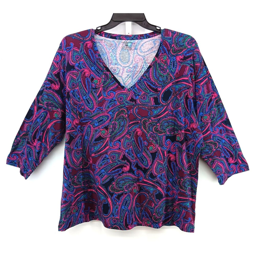 Jones New York Shirt Women Plus Size 3X Multicolor Paisley 3/4 Sleeve V Neck Top
